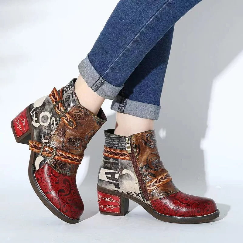 

Vintage Splicing Printed Ankle Boots for Women Shoes Woman PU Leather Retro Block High Heels Women Boots Women's Autumn Boots