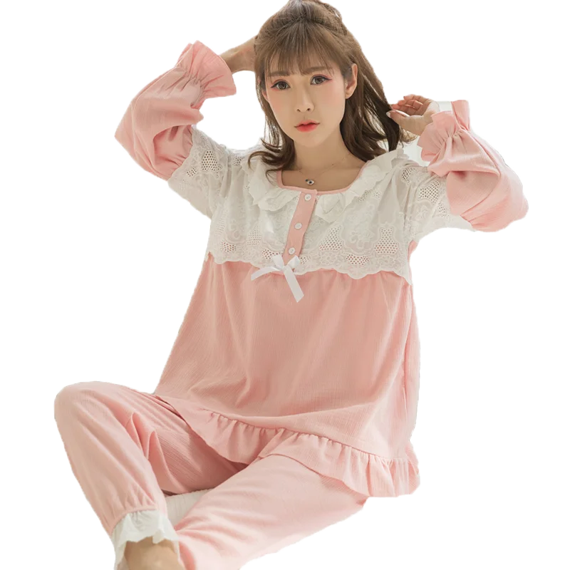 Conjunto de ropa de dormir de algod&oacute;n para mujeres embarazadas, pijama de maternidad de encaje de retales, color rosa, bonito, para lactancia materna-4