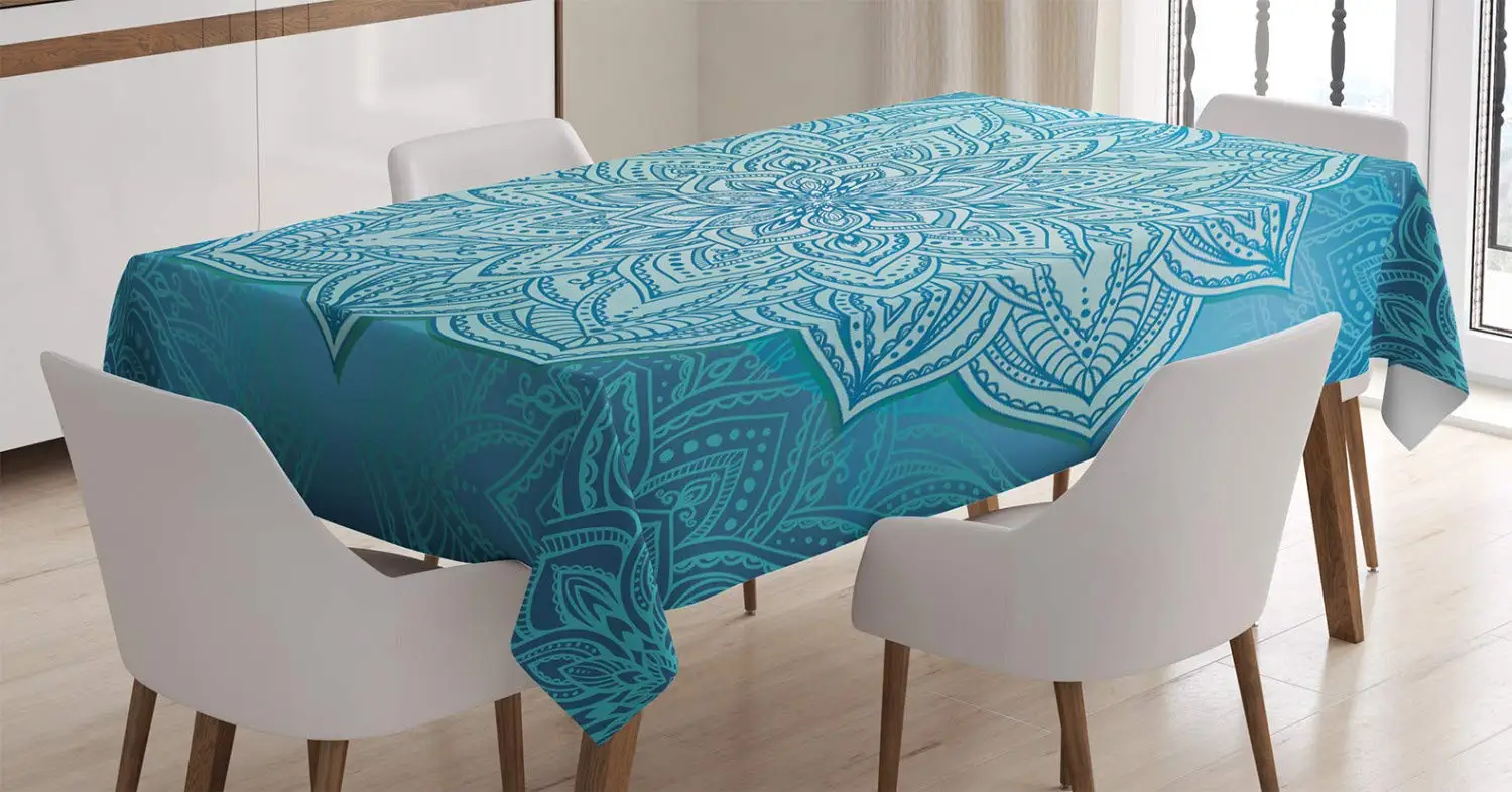 Скатерть с изображением символа Мандала в восточном стиле цветком лотоса синих