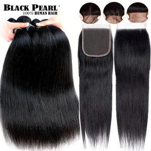 Пряпряди из черного жемчуга с закрытием, 30 дюймов, человеческие волосы 3 пряди с закрытием, перуанские пучки волос с закрытием