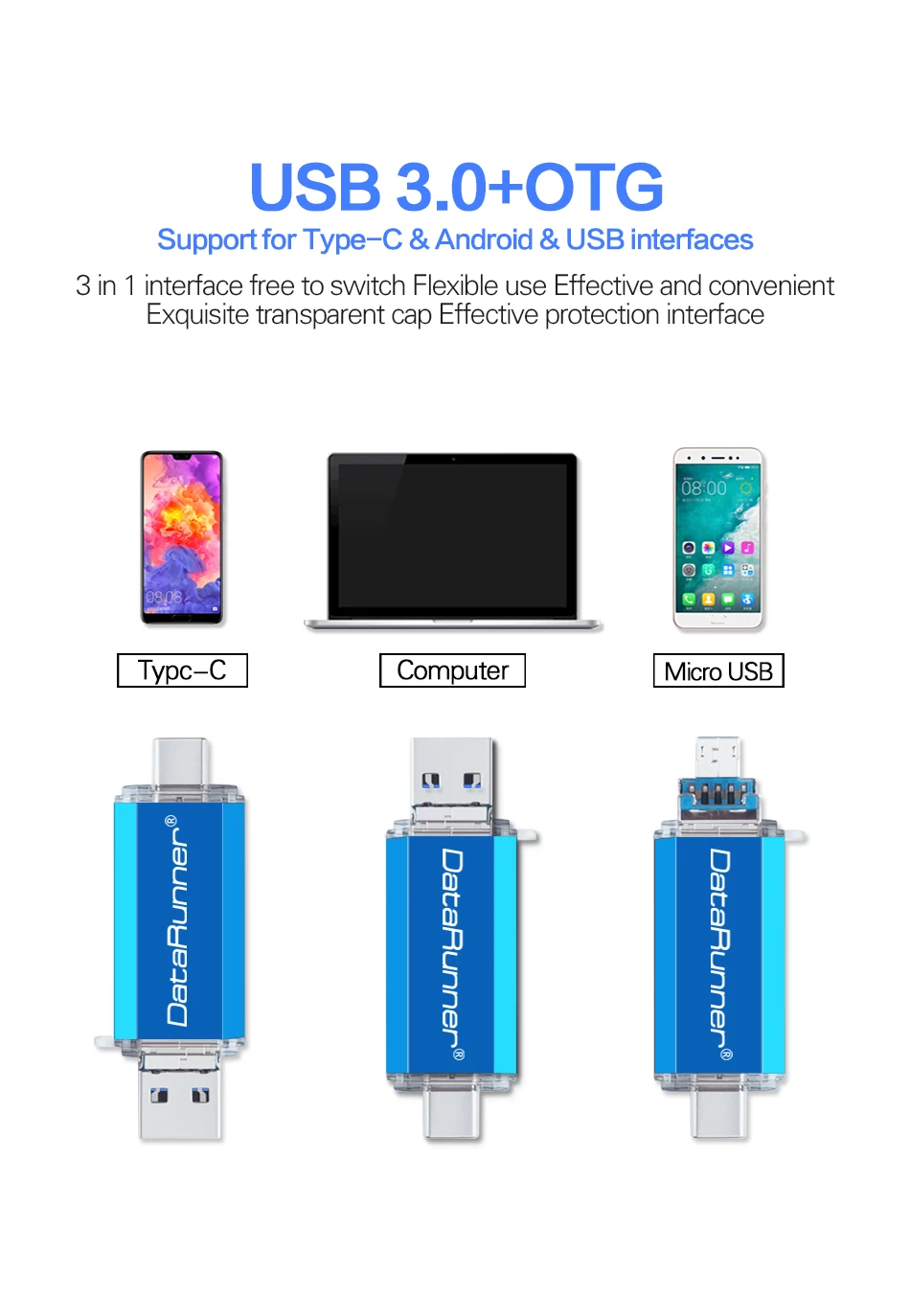 DataRunner OTG Usb флеш-накопитель высокоскоростной флеш-накопитель 32 Гб 64 Гб 128 ГБ 256 ГБ Тип C Флешка 3 в 1 микро Usb флешка диск памяти