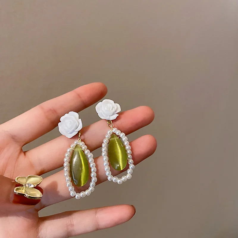 

925 Silver Needle Korea Elegant Fashion Personality Versatile Green Opal Freshwater Pearl Resin Flower Drop Earrings Girls