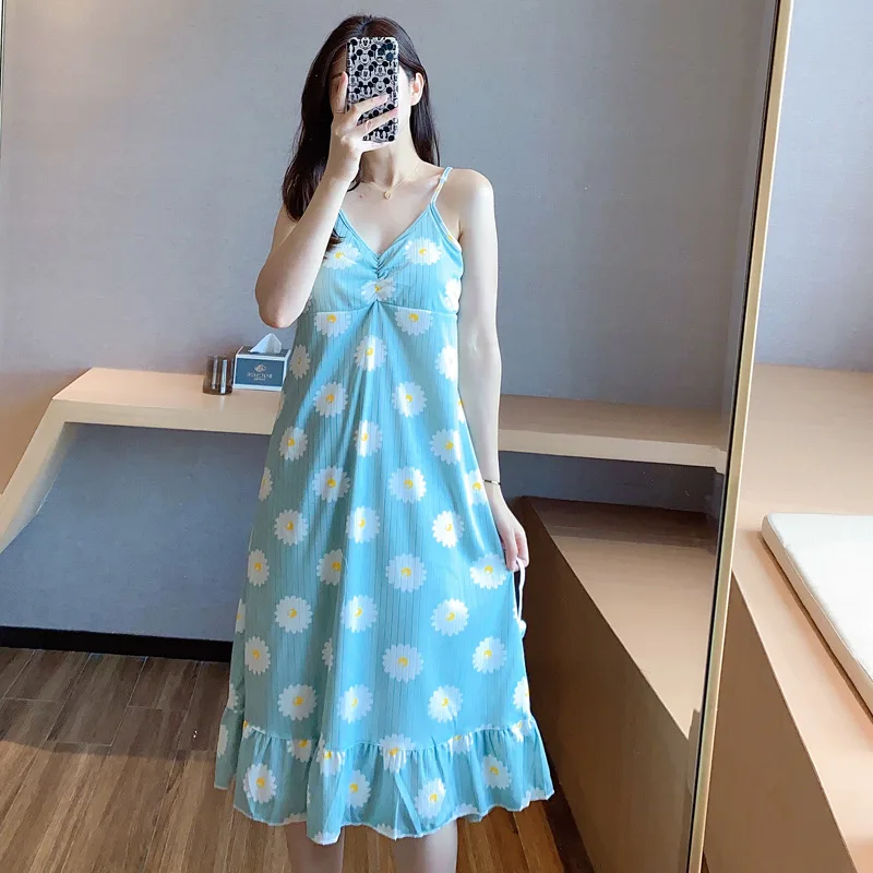 Women's Nightdress Summer Sling Sexy Nightgown & Sleepstirts with Chest Pad Long Knee Length Home Wear Sexy Nightwear Sleepwear
