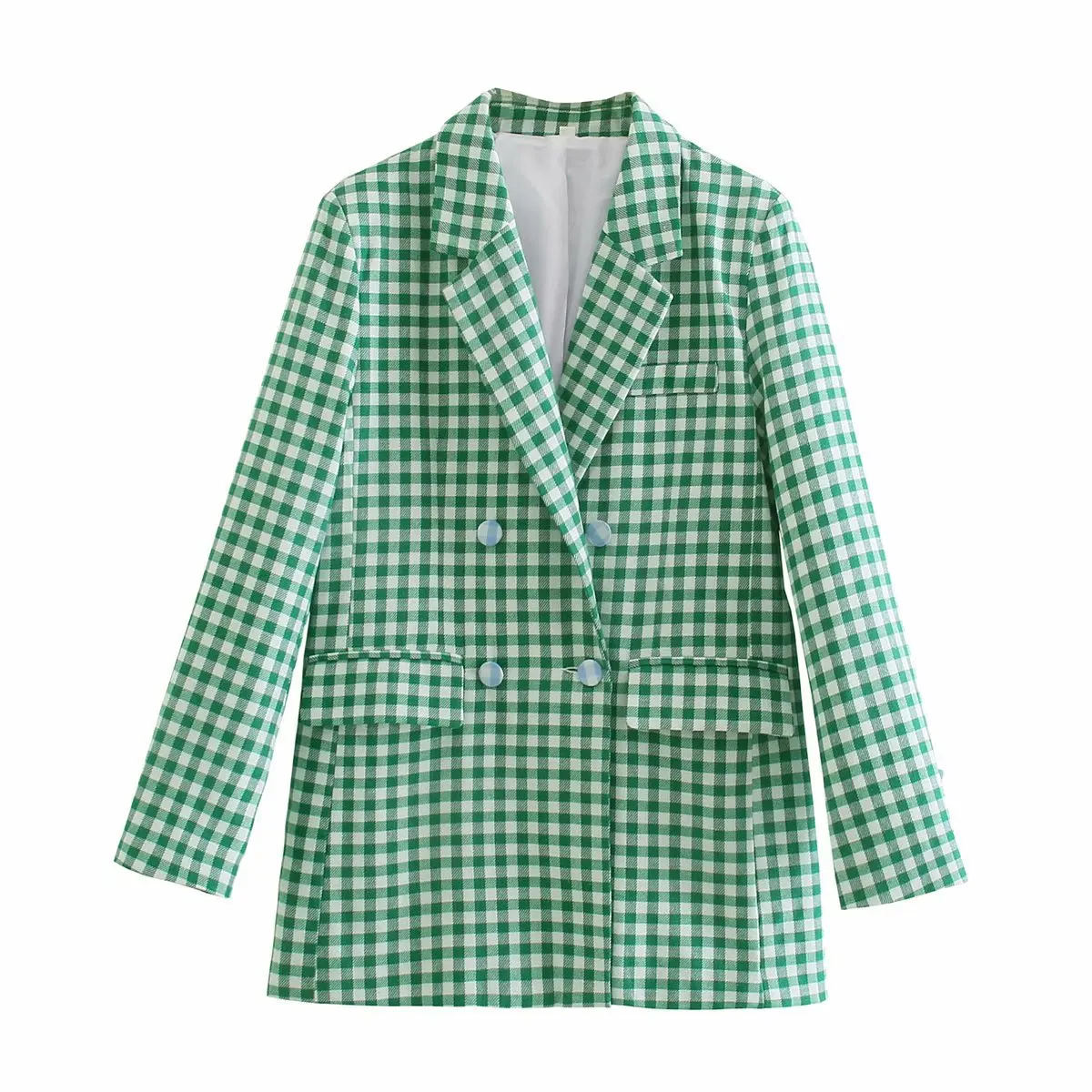 

2021 Women's Suit Jacket Retro Green Plaid Casual Fashion Chic Lapel Double-breasted Long-sleeved Jacket New Office Ladies