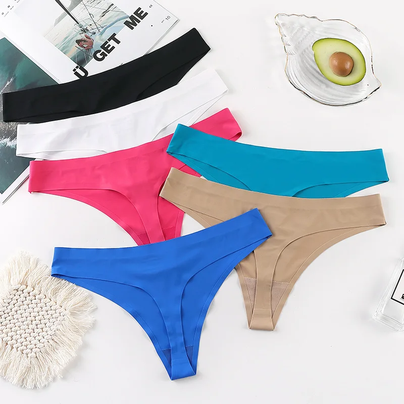 

Sexy Seamless One Piece Ladies Panties Ice Silk Thong Low Waist Solid Color Underwear Women Thongs And G Strings 3PCS/LOT