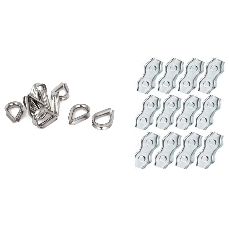 

10Pcs Stainless Steel 6mm Wire Rope Cable Thimbles Silver Tone & 15 Pcs Stainless Steel Wire Rope Clip Cable Clamp