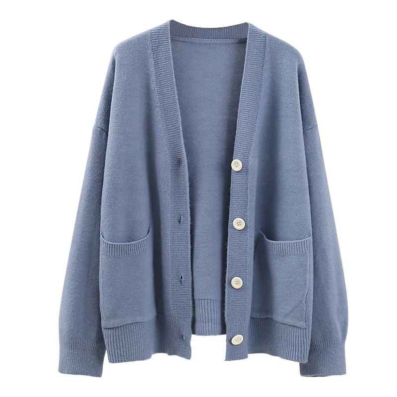 

Mid-length V-neck pocket sweater cardigan female 2021new loose student lazy wind sweater coat