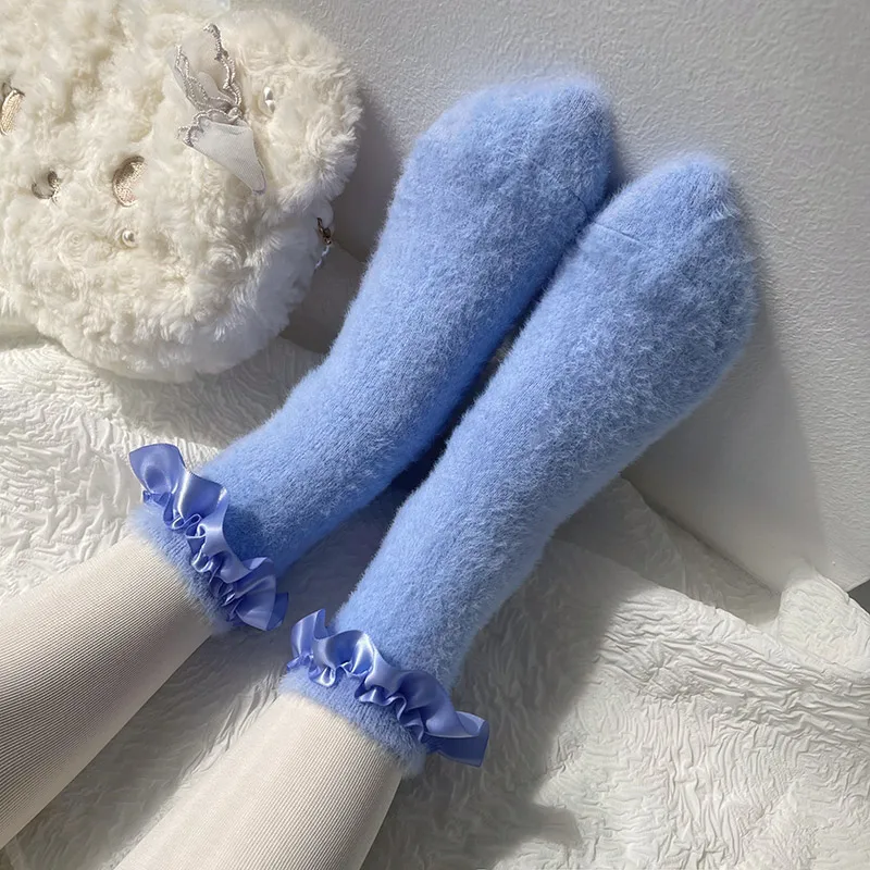 

Winter Soft Waxy Satin Ruffle Rex Rabbit PlushShort Cylinder Sweet Lolita Girl Keep Warm Cute Soft Sister Pinkycolor Socks