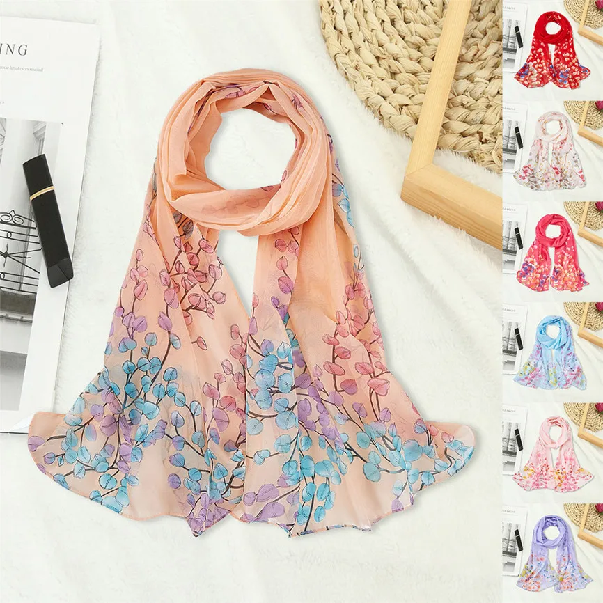 Женский шифоновый шарф мягкий тонкий шелковый шарфы с цветочным принтом