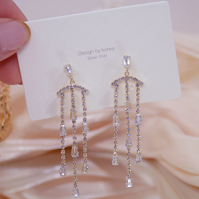 

2021 New Arrive Popular Design 14K Real Gold Tassel Crystal Earrings for Women Charm Jewelry Zircon Stud S925 Silver Needle Gift