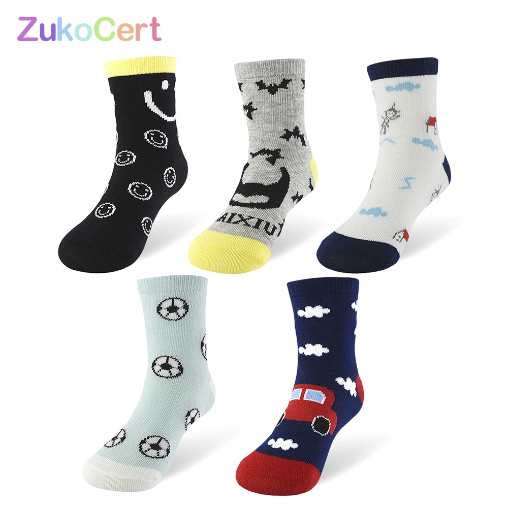 ZukoCert-Calcetines de algod&oacute;n suave para ni&ntilde;os y ni&ntilde;as, medias transpirables con patr&oacute;n de dibujos animados, ropa de 1 a 10 a&ntilde;os, 5 pares-0
