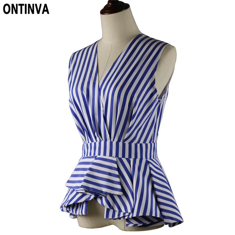 В синюю полоску с баской топы блузки летние без рукавов женские ботинки размера