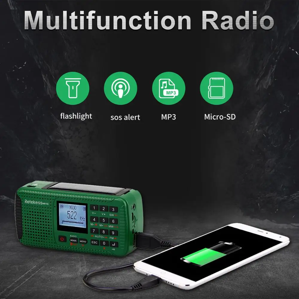 Портативный радиоприемник RETEKESS HR11S с Bluetooth Солнечный Аварийный FM MW SW MP3-плеером