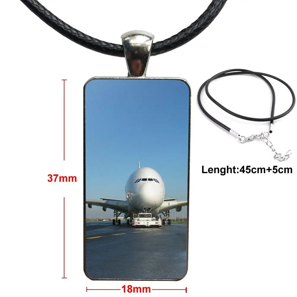 

For Men Women Gift Steel Color Glass Cabochon With Rectangle Shaped Pendant Choker Necklace Aircraft Airplane Fly Travel