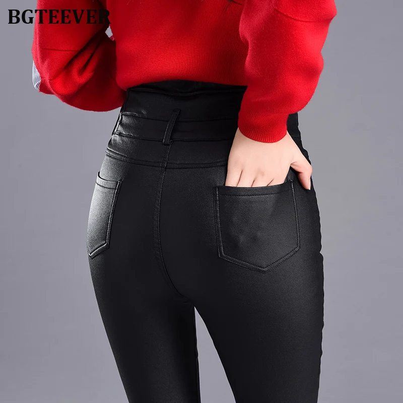 Женские кожаные брюки BGTEEVER зимние обтягивающие брюки-карандаш из искусственной