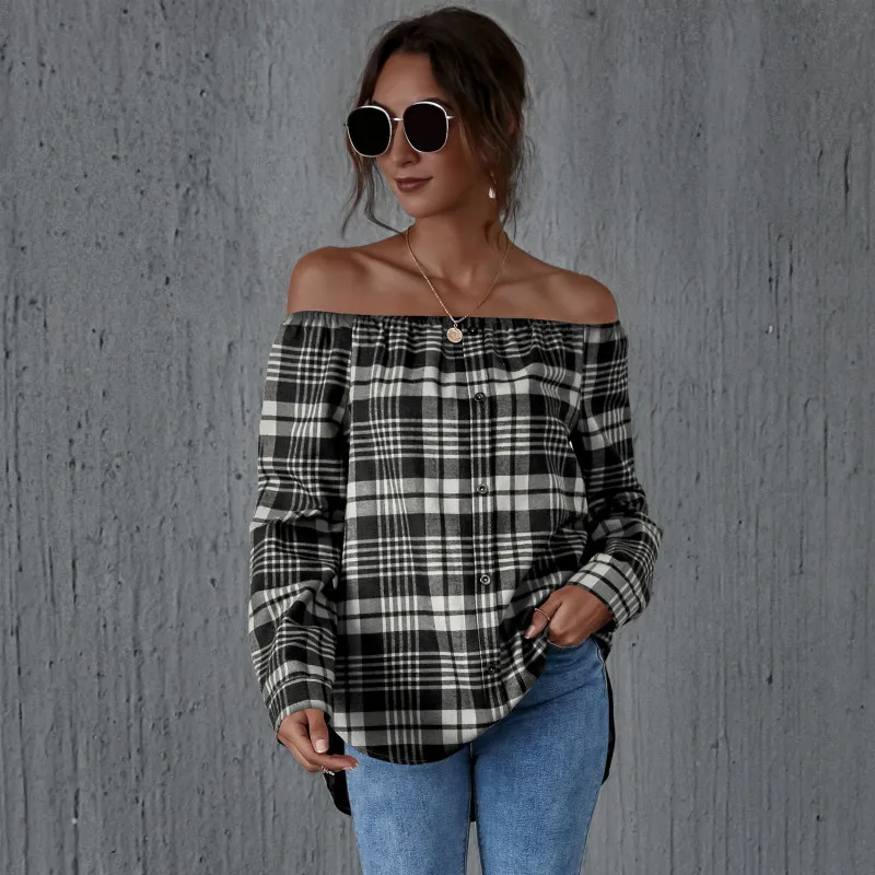 

Ladies T-Shirt Plaid One-Line Neck Long Sleeved Shirt Fresh Sweet Printed Button Loose Fitting Vacation Leisure Shirt 2021 New