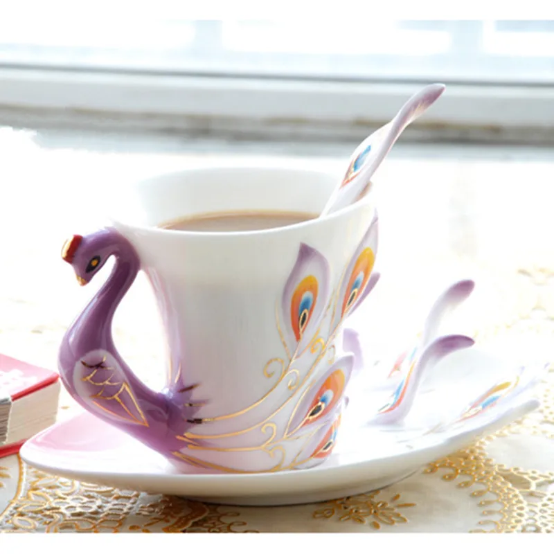 Цветная фарфоровая эмалированная кофейная кружка с павлином дизайн 45% костяного