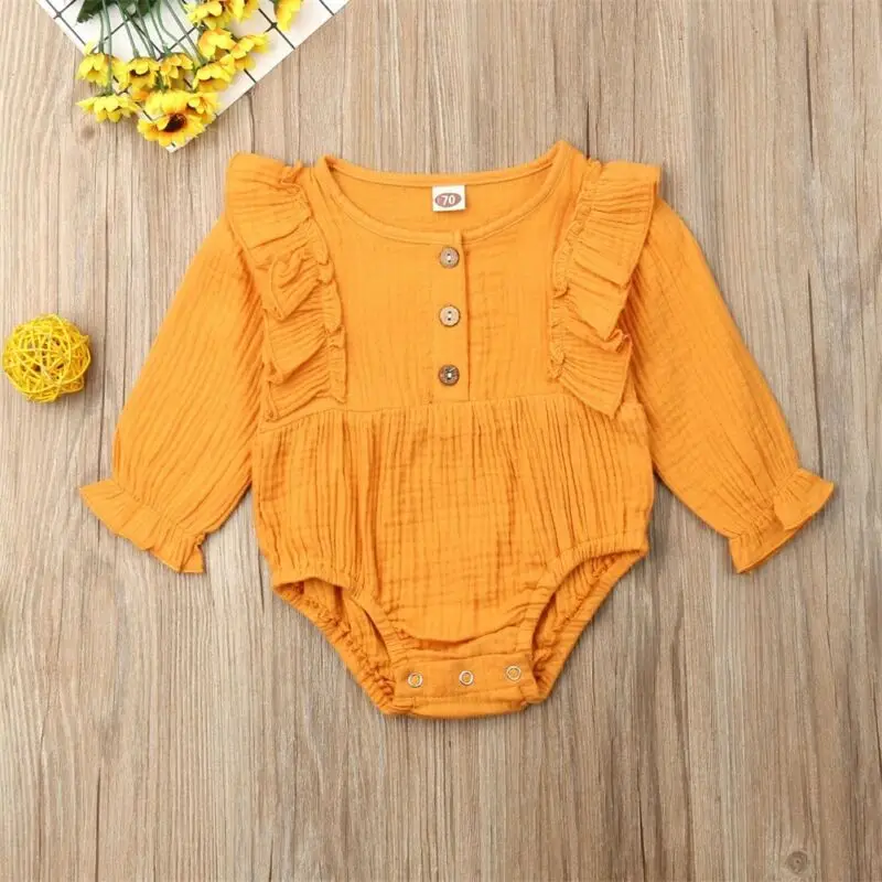 

2019 Cute Newborn Baby Girls Ruffles Bodysuit Cotton Linen Clothes Long Sleeve Buttons O-Neck Bodysuit Baby Girl Jumpsuit 0-24M