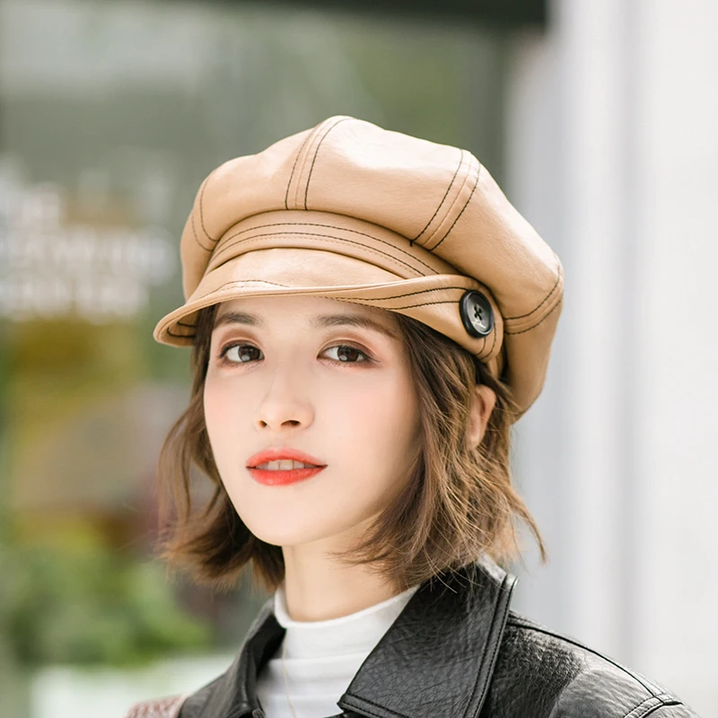 100% Pu Leather Beret Cap Octagonal Hat Female Autumn Winter Hats For Women Ladies Boina Feminina Gorras Bone Vintage England