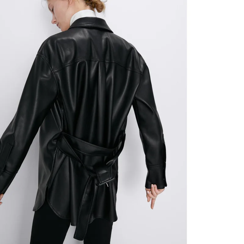 Женское пальто из искусственной кожи черное с поясом на завязках куртка овчины