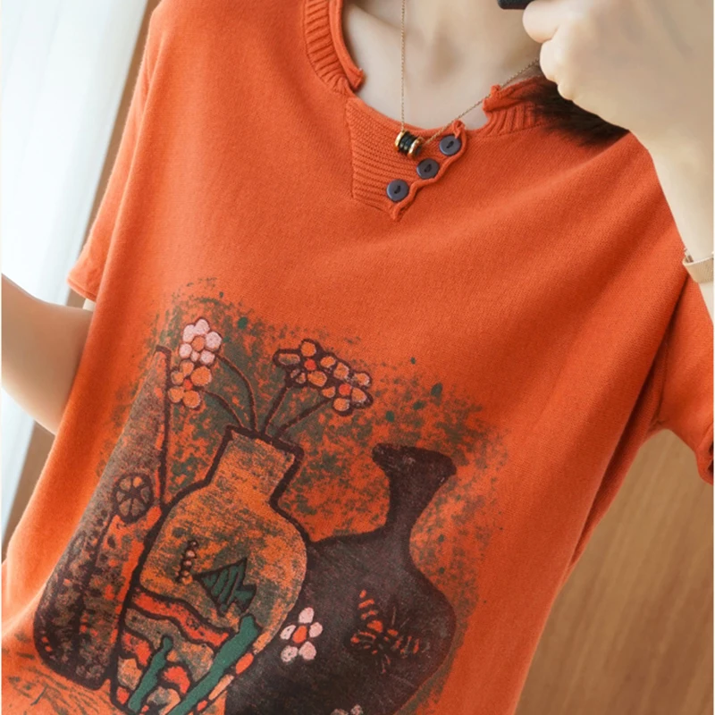 

Shintimes Knitted Tops Tee Shirt Femme Thin T Shirts Women 2021 Summer Fashion Print T Shirt Woman Short Sleeve Loose Clothes