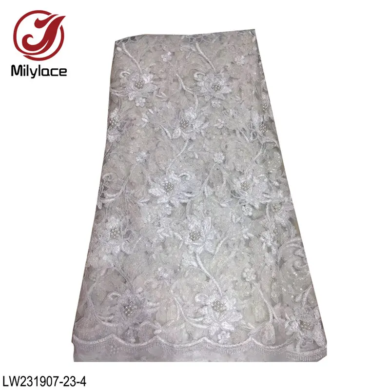 white Milylace чистый цвет африканская Кружевная Ткань 5 ярдов Цветочная вышивка тюль кружево с бисером блестки для женщин платья LW231907-23 - Цвет: white