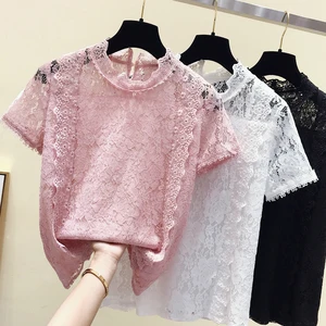 Корейская летняя рубашка, женская футболка, модная одежда, однотонные Женские топы и футболка 2022, Кружевные блузы, розовые, белые, черные