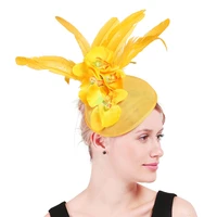 vintage yellow feather millinery cocktail hat sinamay base fascinator headwear occasion red bridal veils hair accessories xmf320