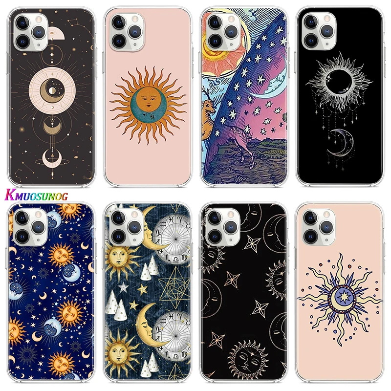 

hippie sun and moon art For Apple iPhone 12 11 Pro Max mini XS Max XR X 8 7 6 6S Plus 5S SE 2020 Transparent Phone Case