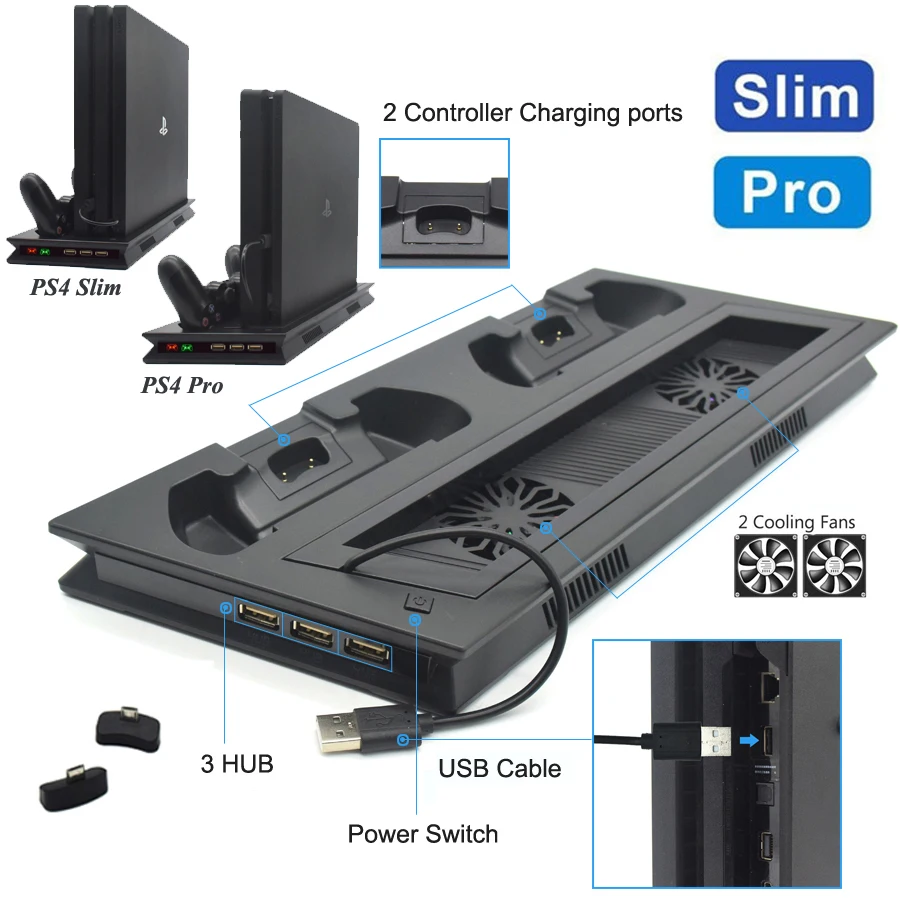 PS4 Pro тонкий светодиодный вертикальный стенд 2 контроллера зарядное устройство зарядная док-станция охлаждающий вентилятор игровая станция 4 PS 4 PRO тонкие аксессуары