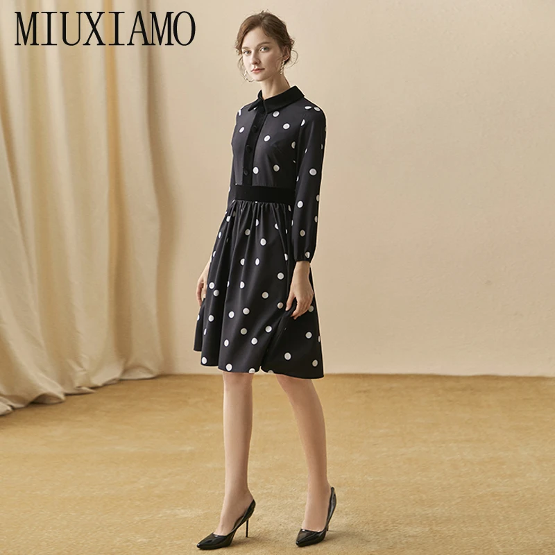 MIUXIMAO осеннее платье, Новое поступление, высокое качество, в горошек, элегантное, до колена, бархатное, черное, Повседневное платье для женщин, Vestidos