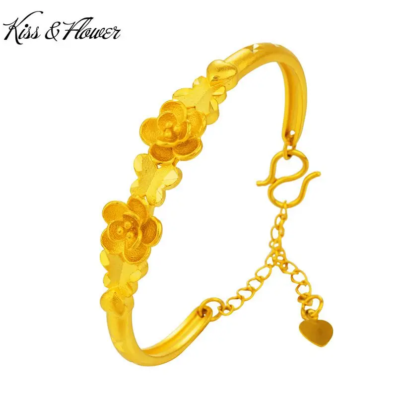

KISS&FLOWER BR206 Fine Jewelry Wholesale Fashion Woman Girl Birthday Wedding Gift Flowers 24KT Gold Resizable Bracelet Bangle