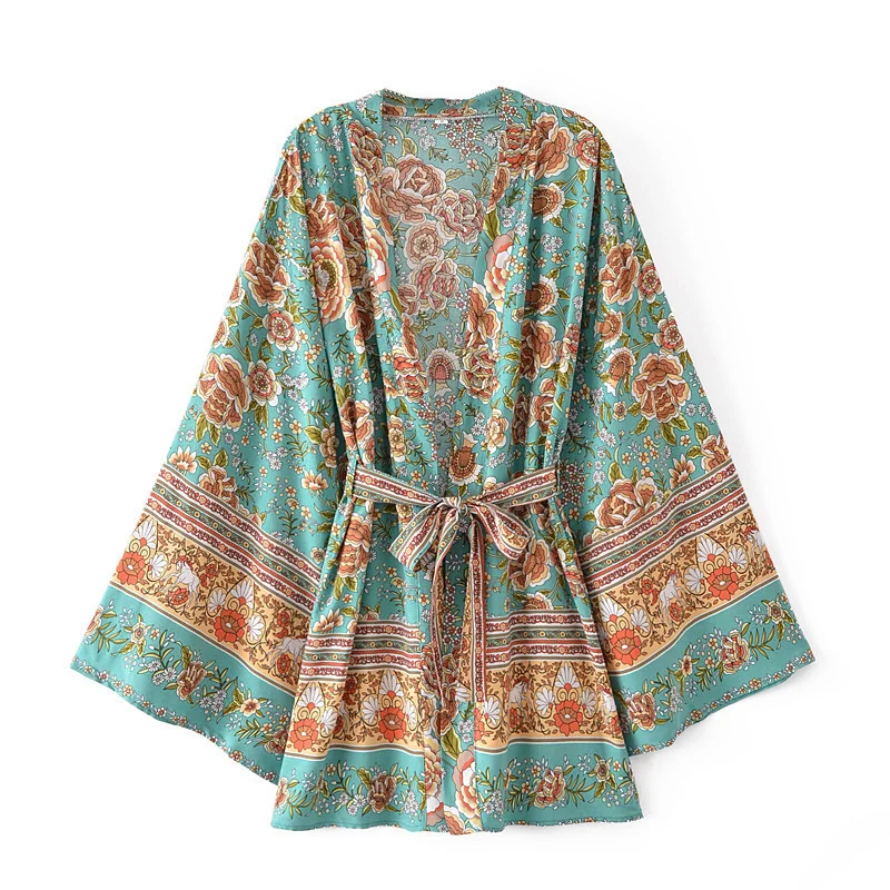 

2021 summer new style women's cotton printed flower belt cardigan coat