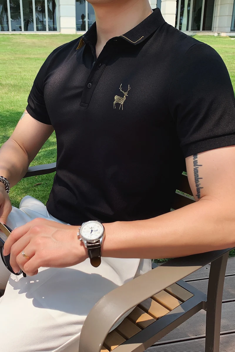 

Deer 2021 Hot-drilled Casual POLO Shirt British Slim Trend Lapel Shirt Summer Short Sleeve Solid Color Business Dress Streetwear