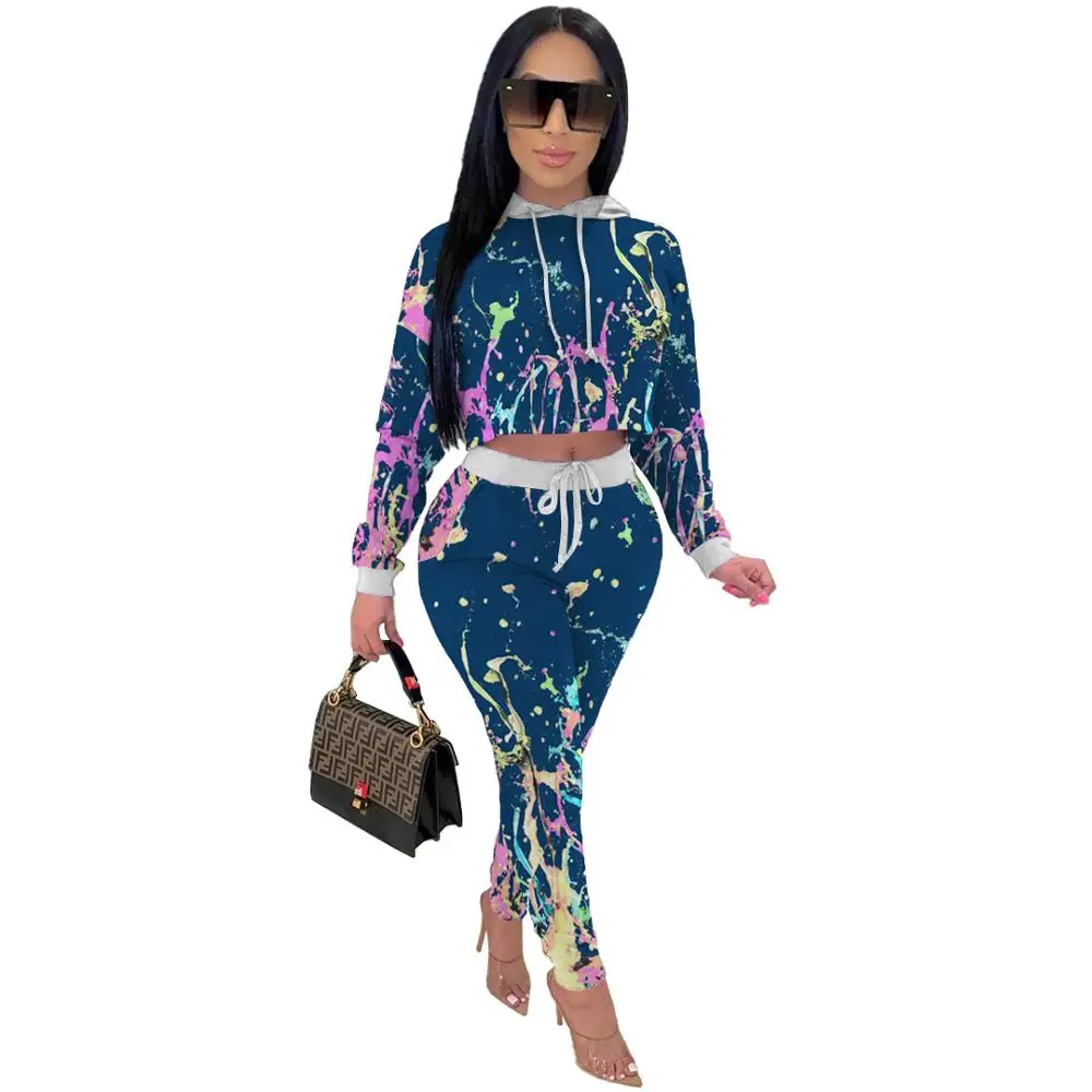 

Autumn Winter Tie Dye Camouflage Print Tracksuit Women Lounge wear Fitness Hoodie Crop Top + Pencil Pants Two Piece Set Clothes
