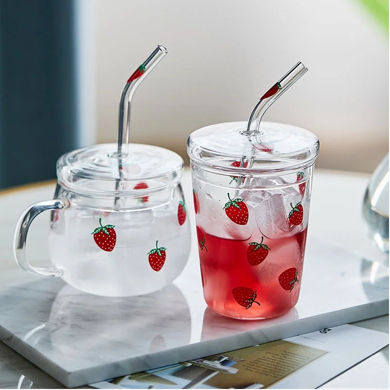 

INS Strawberry Glass Water Cup With Straw With Lid Lovely Sweet Milk Juice Cups Breakfast Home Office Water Bottle