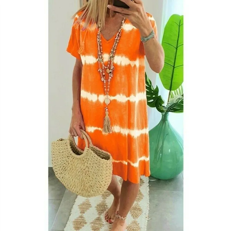 

Large Size Dress for Women Summer 2020 Casual Loose Striped Color Stitching Dot Printed Dresses Ladies Leisure V Neck Vestidos