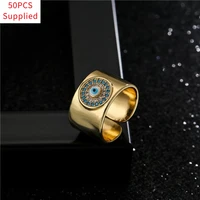 50pcs 2021 new fashion gold color copper wedding jewelry hot sale aaa cz evil eye 11mm width punk style ring for women wholesale