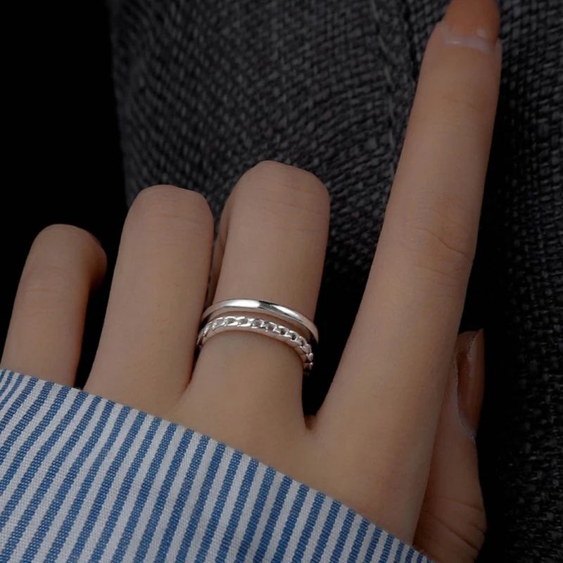 

PANJBJ 925 Sterling Silver Open Index Finger Chain Ring Female Fashion Personality Double Layer Female Niche Design SimplePANJBJ