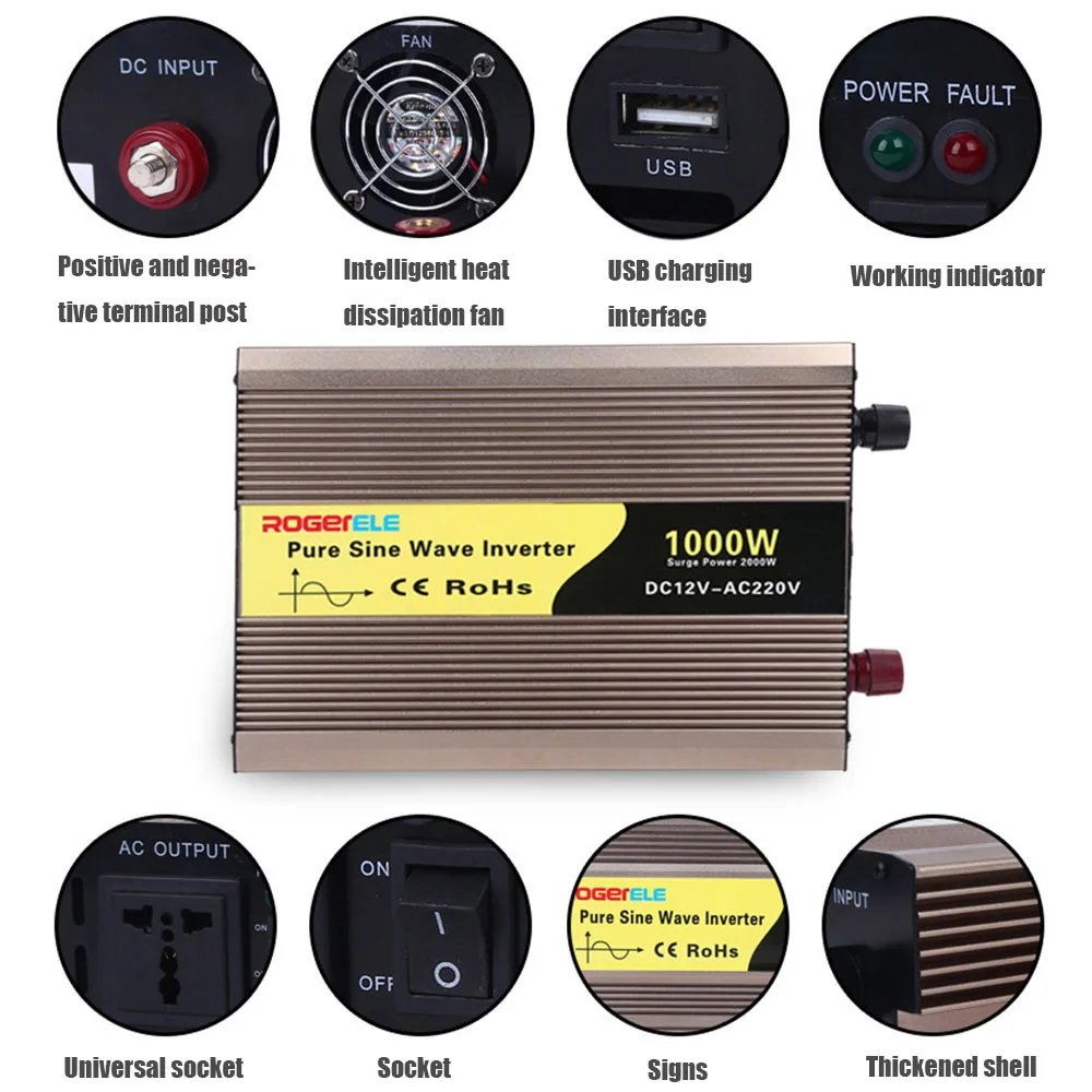 2000W Чистая синусоида Инвертор DC12V 24V 48V к AC220V 50HZ 60HZ усилитель конвертера мощности