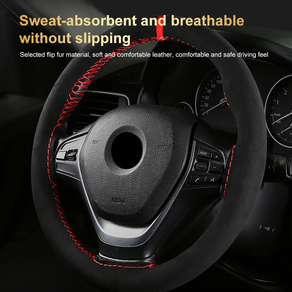 

Steering Wheel Cover 38cm Sweat-Absorbent Anti-slip Hand Sewing Steering Wheel Braid Thread Hight Quality Suede Material Car