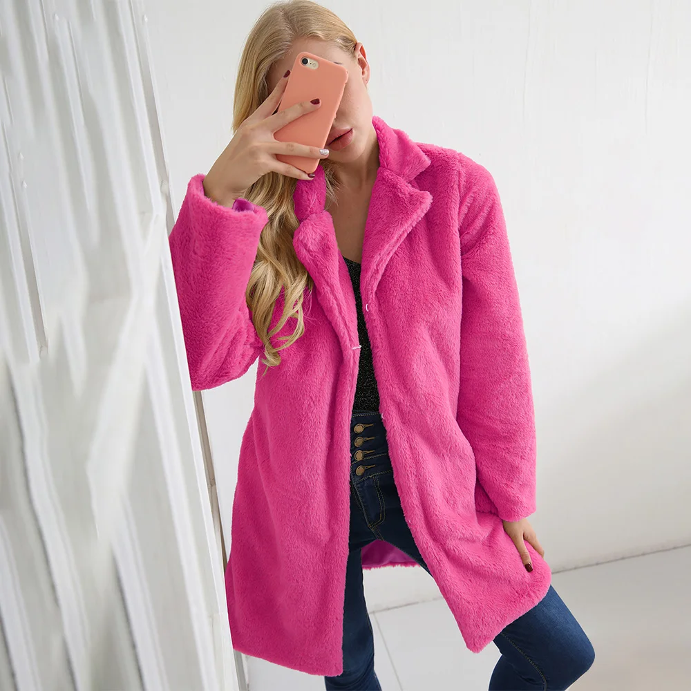 Faux Fur Coat Woman Winter Thicken Fluorescent Pink Long Coats 2019 Fashion Lady Teddy Outerwear fourrure femme D25 |