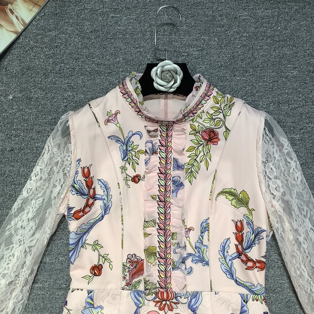 

Fashion Spring Runway Dress Women's Full Sleeve Pink Totem Print Ruffle Mermaid Festa Vestido Boutique Robe