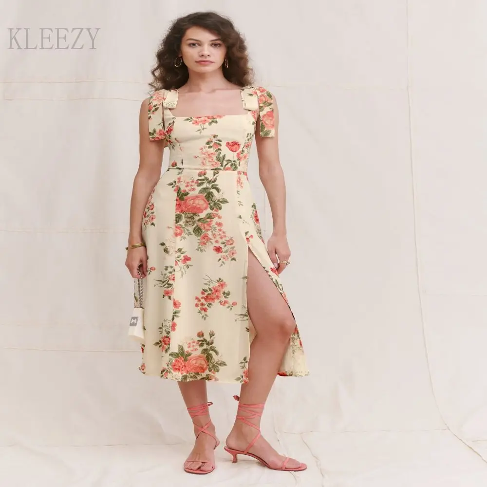 

KLEEZY Summer Printed Chiffon Square Collar Double Lace Up Strap Long Dress Elegant Split Summer Beach Party Women Clothing 8533