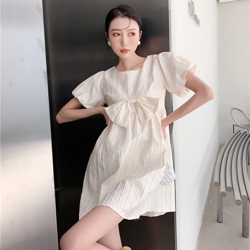 

Pullover O Neck Vintage Women Clothing Solid Short sleeves Black Dress Female Bow wrap High waist Mini Women dress 311i