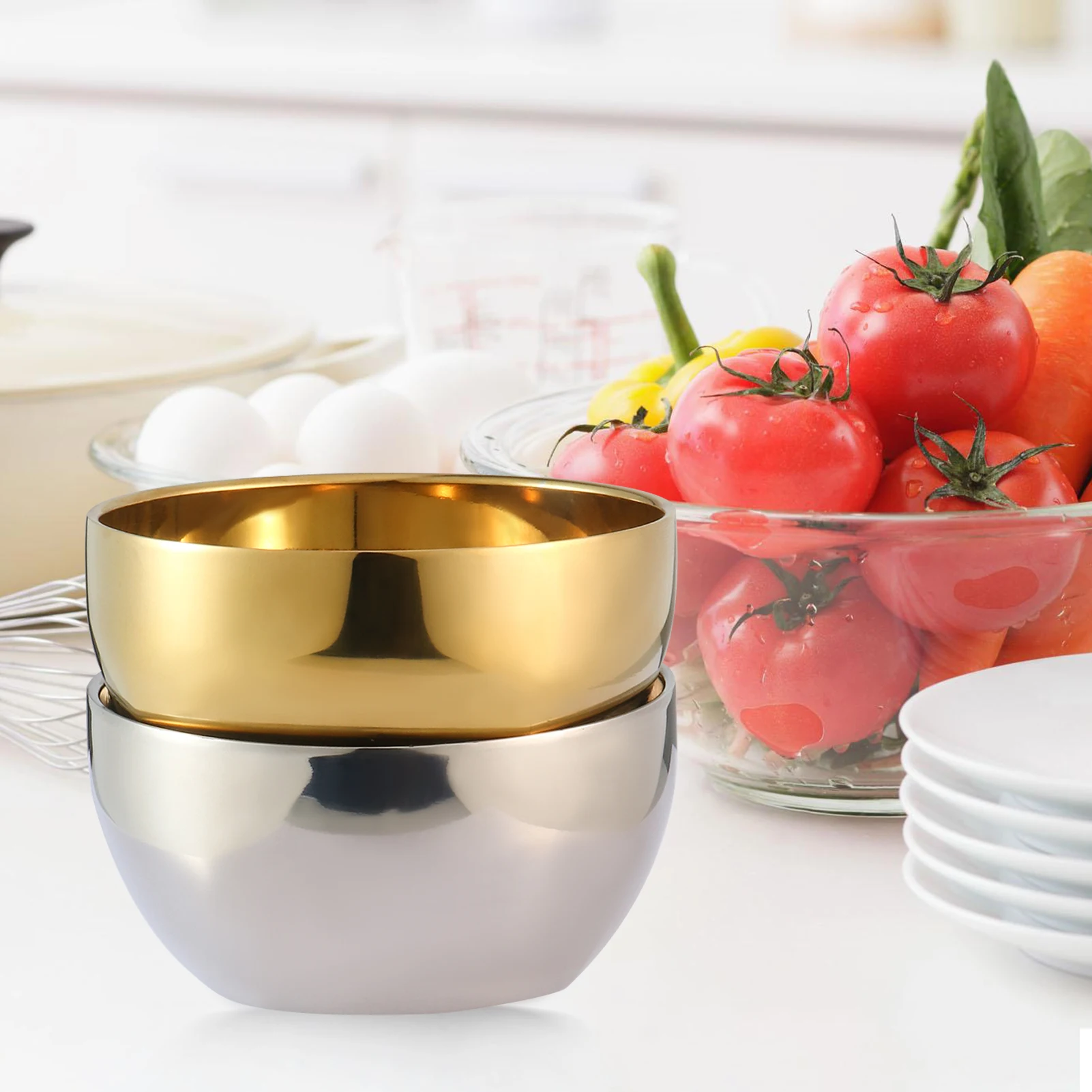 

Stainless Steel Bowls Gold Silver Double-walled Insulated Bowls for Adult Kids Rice Noodles Household Kitchen Cooking Tableware
