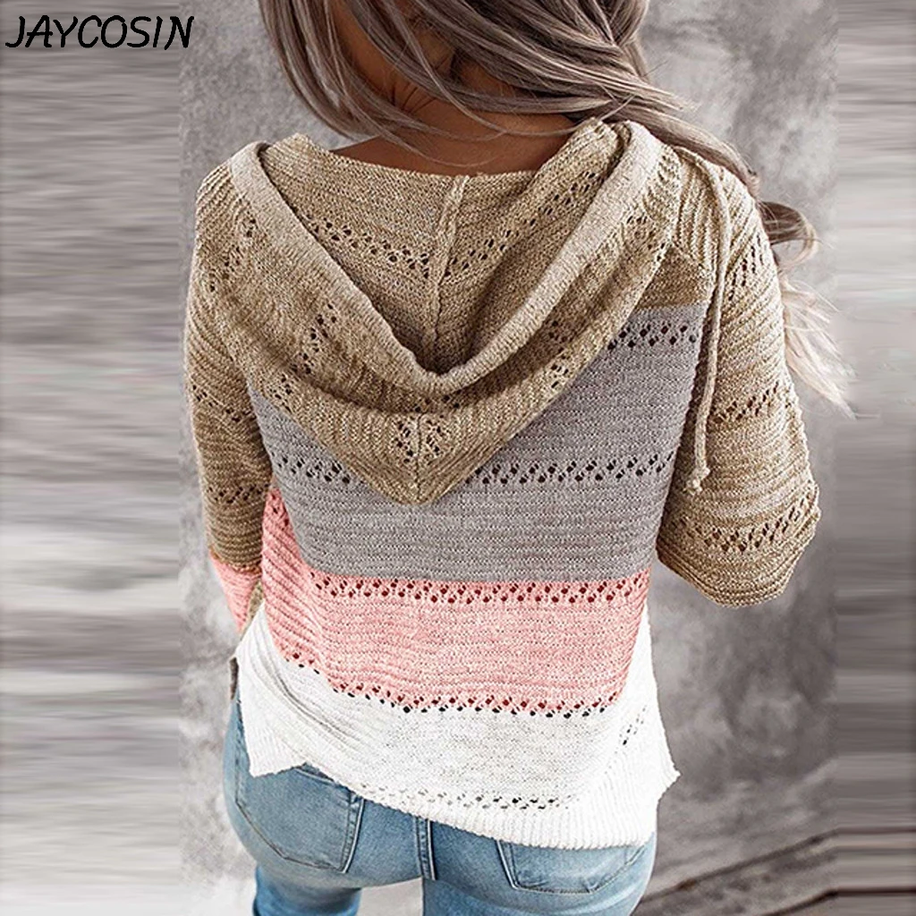 JAYCOSIN Women Lazy Stripe Patchwork Long Sleeve Simple Wild Knitted Hooded Sweater Cardigan Zipper Casual Loose Tops Sweaters |