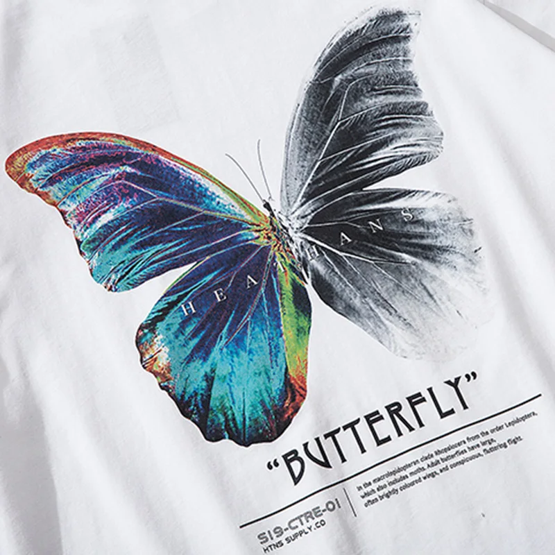 

Harajuku Butterfly Print Tshirt Couple Hip Hop Short Sleeve Cotton T Shirt Men 2020 Summer Casual T-Shirt Black White Women