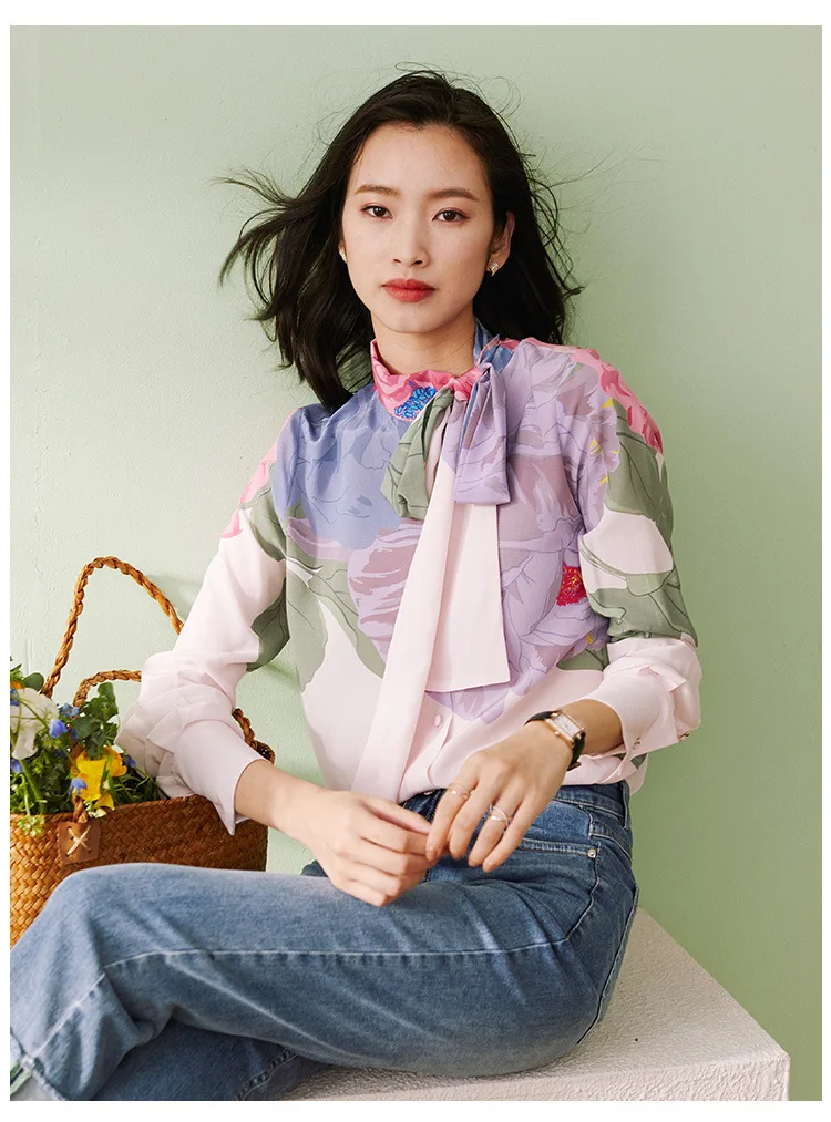 

2020 print 100% silk shirt soft elegant silk tops spring new ribbon women's clothing