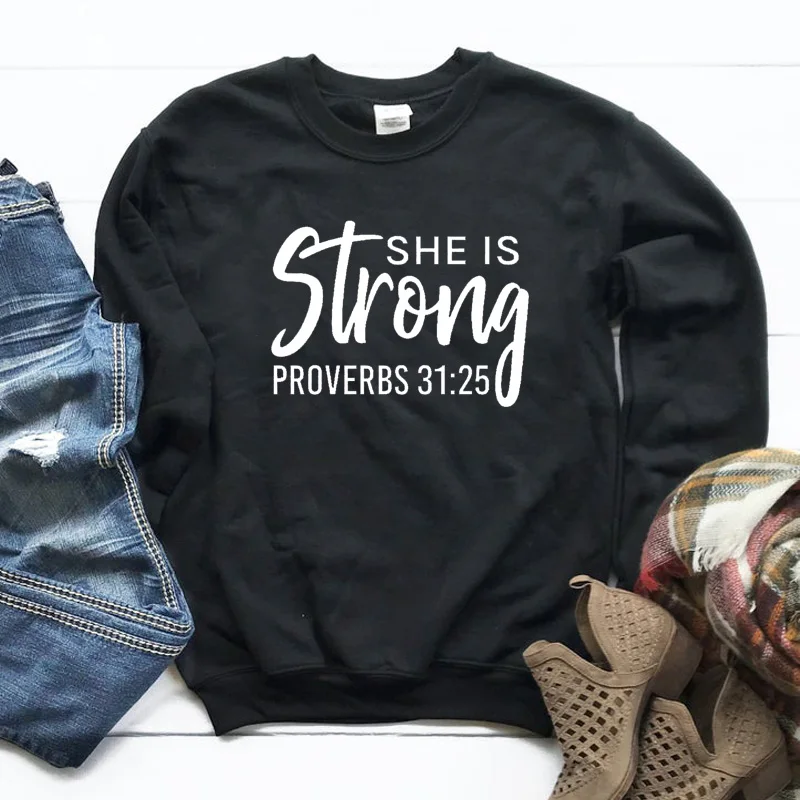 She is Strong Толстовка Повседневная забавная с длинным рукавом Crewneck Christan религиозная модная одежда хлопковый пуловер наряды с Иисусом